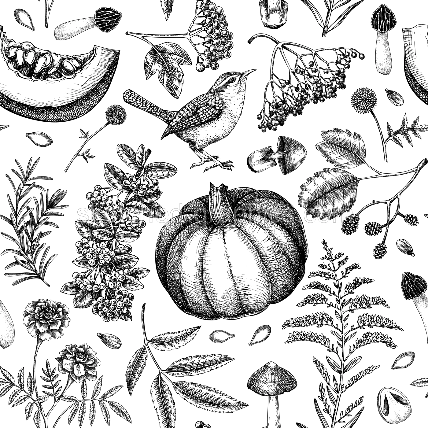 Vintage autumn seamless pattern. Thanksgiving background. Fall leaves, pumpkins, berries, mushrooms sketches. Hand-drawn vector illustration. NOT AI generated Illustration
